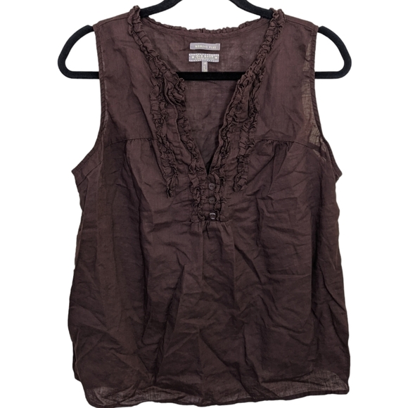 Old Navy Top Women's Plus Brown Ruffle Linen Cotton V-Neck Neutral Boho Size 1X - Picture 1 of 8